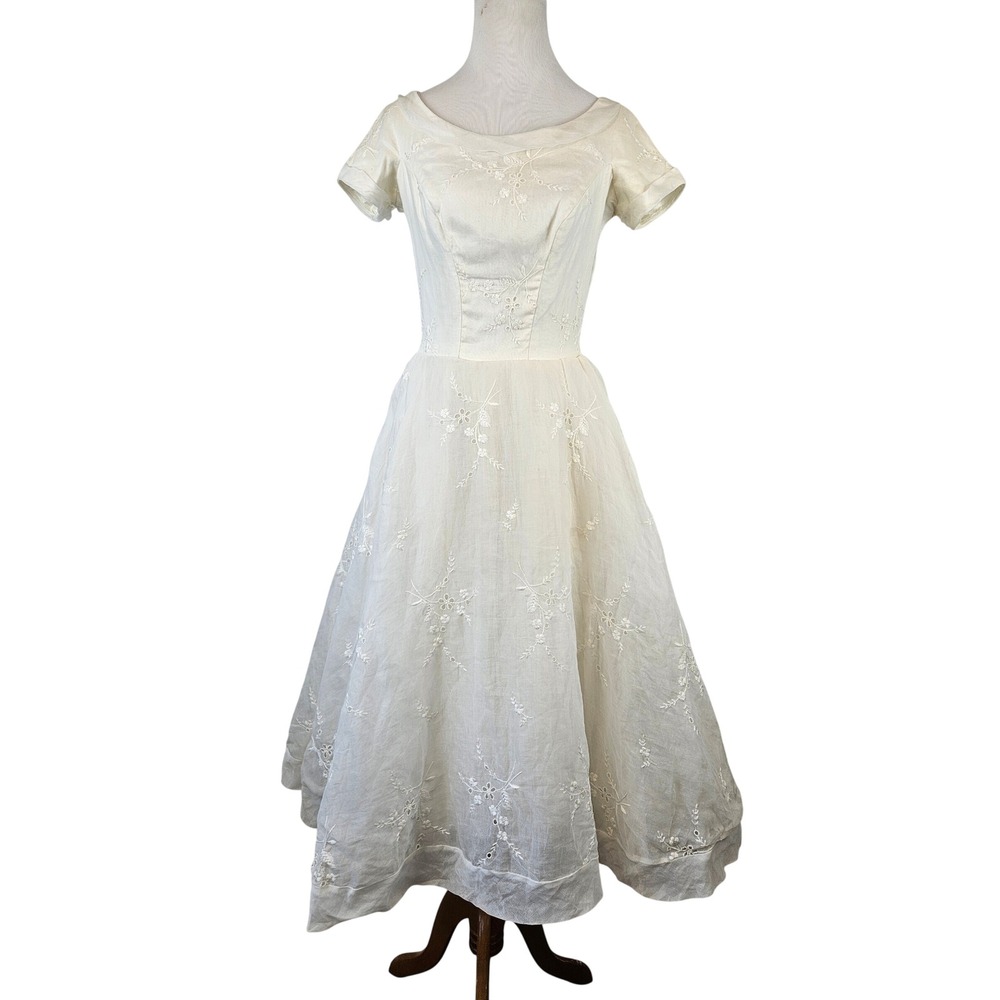 Vintage 50s 60s Ivory Dress eyelet Wedding Rockabilly Pinup Formal Evening tea